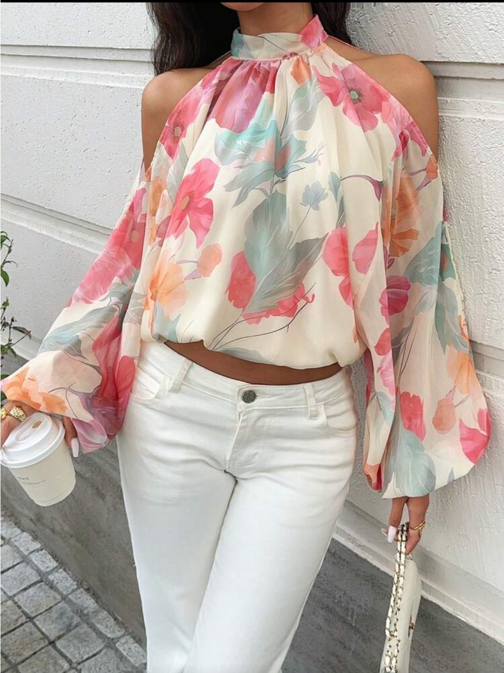Boho Floral Print Cold-Shoulder CROPPED Top Blouse Shirt